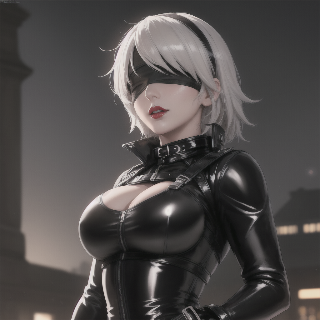 1girls ai_generated android armwear big_breasts black_clothing black_hairband black_latex_catsuit blindfold blindfolded_female blue_eyes breasts catsuit cleavage dominmatrix dress front_view gloves gynoid hairband hourglass_figure huge_breasts latex_catsuit looking_at_viewer nier nier:_automata nipple_bulge nipples outdoors robot short_hair skirt thick_thighs thighs white_hair yorha_2b