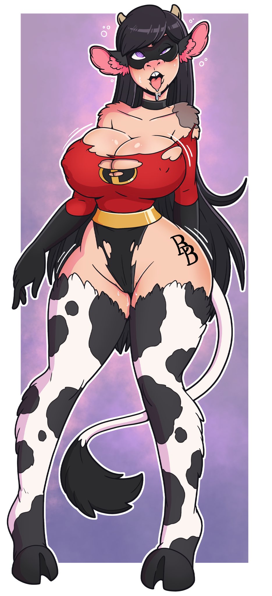 1girls, after transformation, alternate breast size, ass, breasts, cow ears, cow girl, cow horns, female, female only, fur, hooves, huge ass, huge breasts, implied transformation, nipples, post-transformation, ripped clothing, solo, the incredibles, thick thighs, transformation, violet parr, wide hips, wrenzephyr2