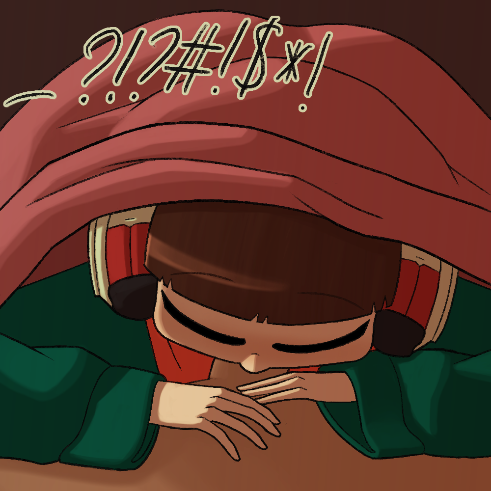 1boy 1girls blowjob brown_hair closed_eyes deepthroat green_sweater headphones indoors lo-fi_beats_to_relax/study_to lofi_girl male_pov sloppy_blowjob surprised tiimooner under_blanket