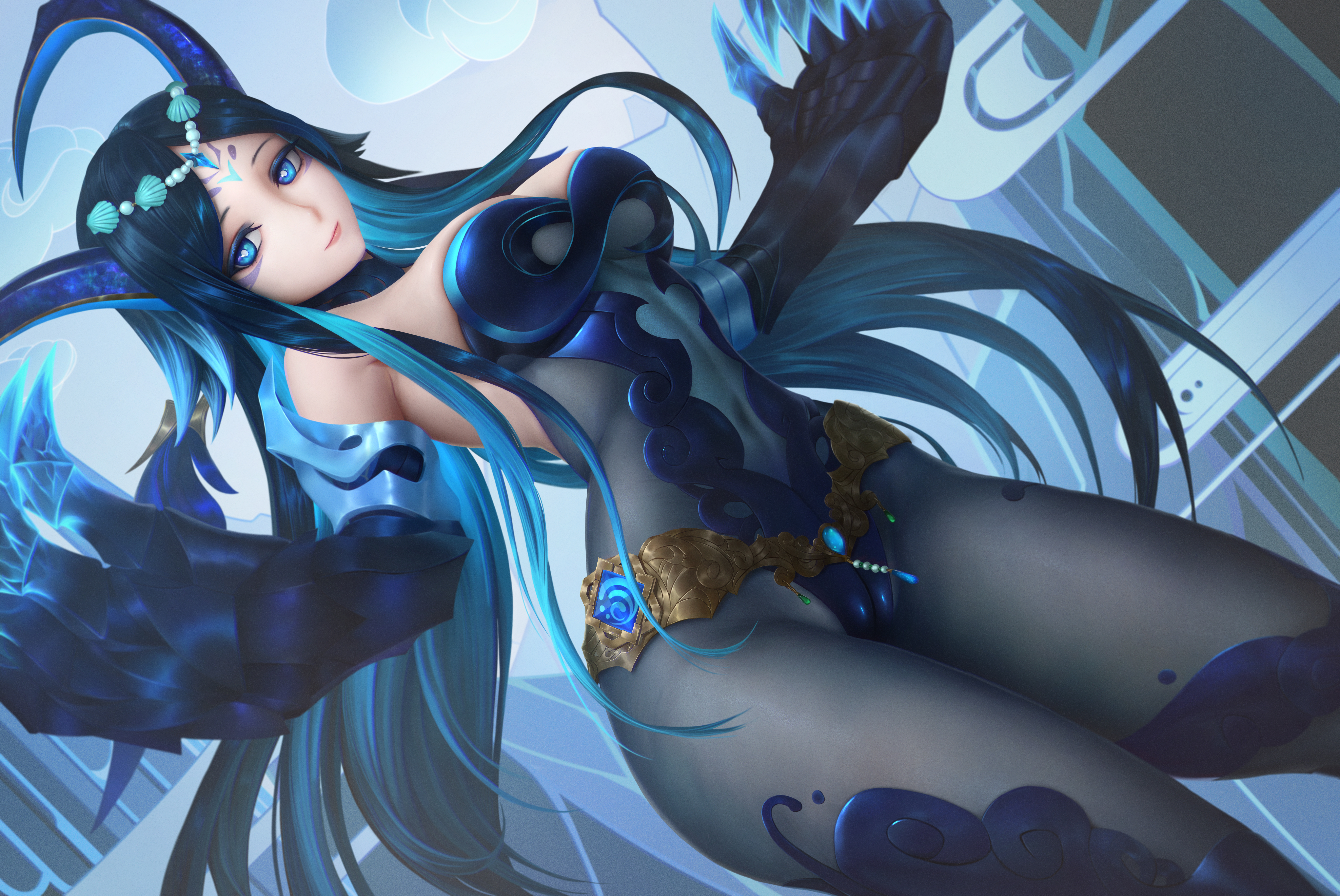 1girls, absurd res, absurdres, black legwear, blue eyes, blue hair, bonanus (genshin impact), breasts, cameltoe, claws, elemental humanoid, facial markings, female, forehead jewel, genshin impact, hi res, high resolution, highres, horns, jewelry, legwear, limgae, looking at viewer, pussy, smile, very high resolution, water