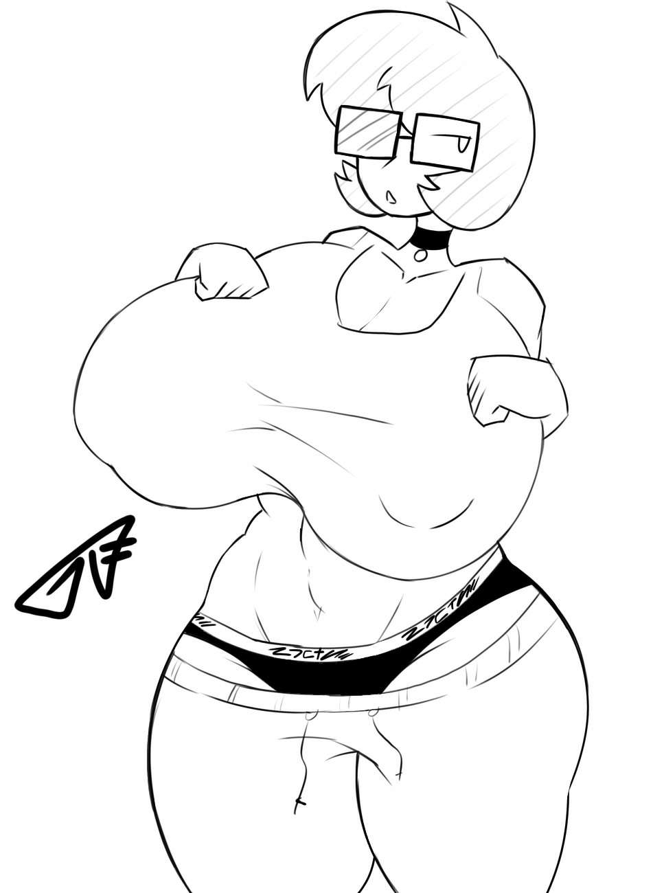 1girls black_panties breasts choker crop_top female_only glasses gr8p_ju1ce gr8py_(gr8p_ju1ce) grapejuicerulez huge_breasts large_breasts midriff monochrome navel nipple_bulge original short_hair signature sketch solo sweatpants tank_top thick_thighs white_background