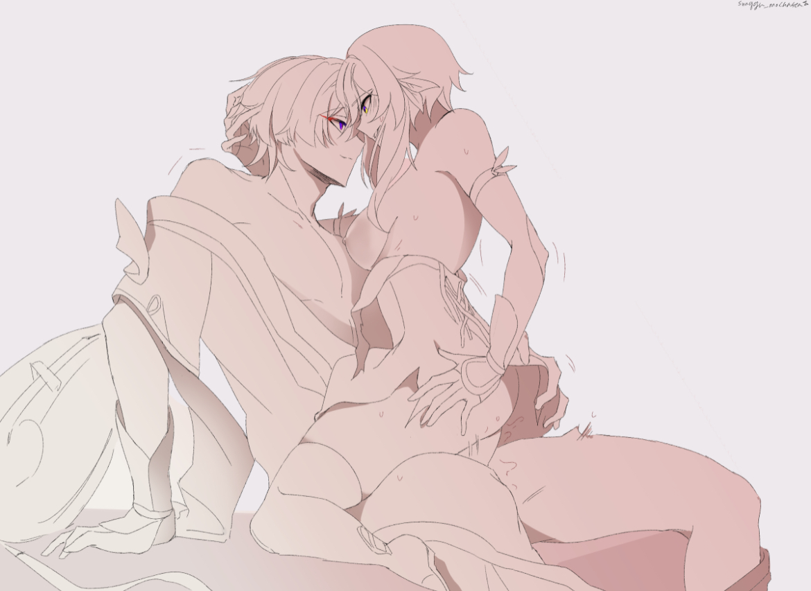 1boy, 1girls, ass, ass grab, blonde hair, breasts, breasts out, clothed, clothed sex, corset, cowgirl position, exposed breasts, eye contact, face-to-face, female, female on top, female penetrated, femsub, genshin impact, hand on another's head, hand on ass, hand on head, legwear, lumine (genshin impact), male, male penetrating, maledom, on lap, partially clothed, penis, purple eyes, riding penis, scaramouche (genshin impact), sex, sideboob, yellow eyes