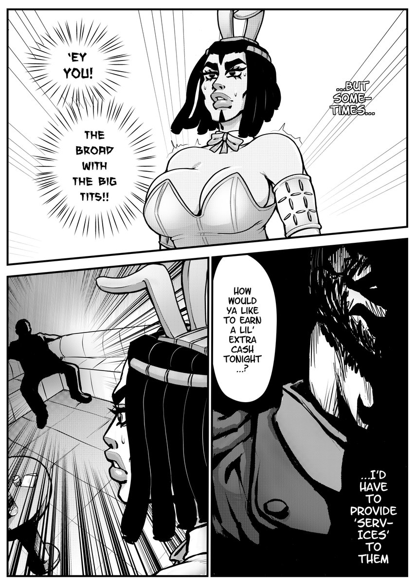 alternate_outfit big_breasts big_lips black_and_white bowtie bunny_ears bunny_girl bunnysuit cleavage clothed clothing club collar comic dreadlocks ermes_costello faceless_male grayscale harassment insult jojo's_bizarre_adventure large_breasts latina lips nervous pizzapiggy prostitution shaded_face stone_ocean sweat sweatdrop tagme thick_eyebrows thick_lips uncomfortable