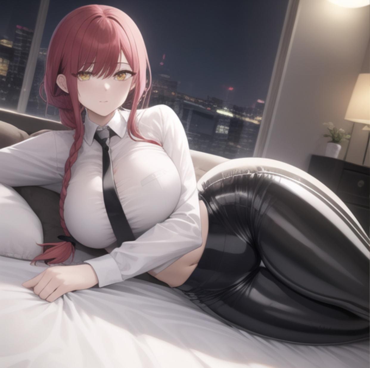 ai generated, ass, bedroom eyes, big ass, chainsaw man, female, looking at viewer, makima (chainsaw man), office lady, on bed, on side, red hair, thick thighs, tight clothing, yellow eyes