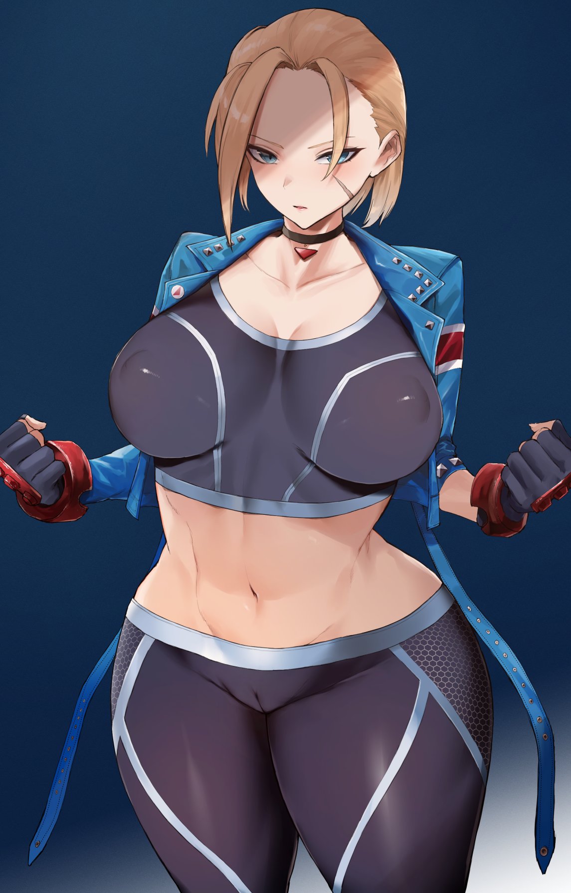 1girls, 2023, 2d, 2d (artwork), 5 fingers, anime nose, anime style, beige body, beige skin, belly, belly button, big breasts, big hips, big nipples, blonde hair, blue background, blue eyes, blush, blush lines, blushing at viewer, breasts, british, british female, cammy white, capcom, caucasian, caucasian female, cleavage, clothed, clothes, clothing, collar, cropped, cropped legs, curvy, curvy body, curvy female, curvy figure, curvy hips, curvy thighs, erect nipples, erect nipples under clothes, eyelashes, female, female focus, female only, fingerless glove, fingerless gloves, fully clothed, genital outline, genital slit, genitals, gloves, hair over one eye, half-closed eye, half-closed eyes, half-erect, jacket, jacket open, kataku musou, light skin, light-skinned female, lips, looking at viewer, mouth, mouth opened, multicolored background, nipple bulge, nipples, no panties, open mouth, pale skin, pale-skinned female, pointy chin, pussy, pussy bulge, pussy visible through clothes, scar, scar on cheek, short hair, simple background, slight blush, slim, solo, solo focus, street fighter, street fighter 6, thick thighs, tight clothing, tight pants, two-tone background, video games, wide hips, wide thighs