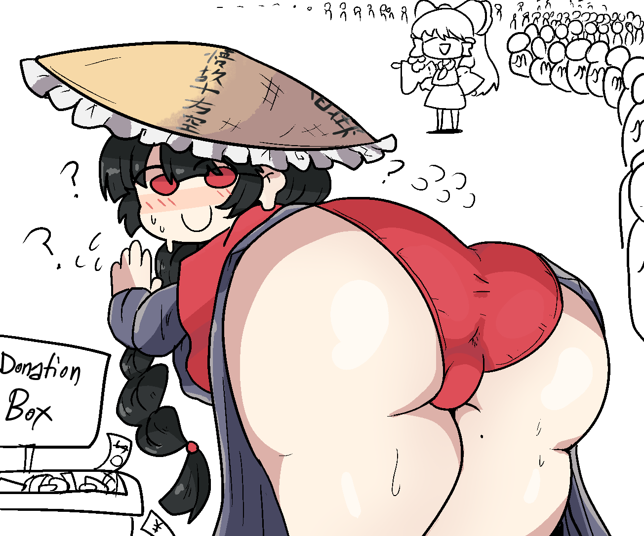 2girls ass back_view black_hair blush clothed_female confused crowd dat_ass hat light-skinned_female looking_back narumi_yatadera notnoe_(dxcl) panties praying question_mark red_panties reimu_hakurei sweat thick_thighs thighs touhou white_background