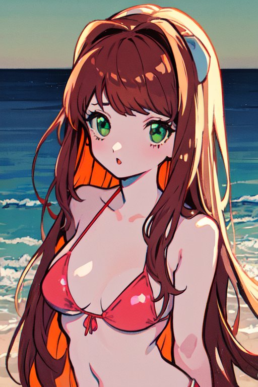 1girls ai_generated beach beach_background bikini bow color coral_brown_hair doki_doki_literature_club emerald_green_eyes female female_only green_eyes messy_hair monika_(doki_doki_literature_club) pixai red_bikini small_breasts white_bow