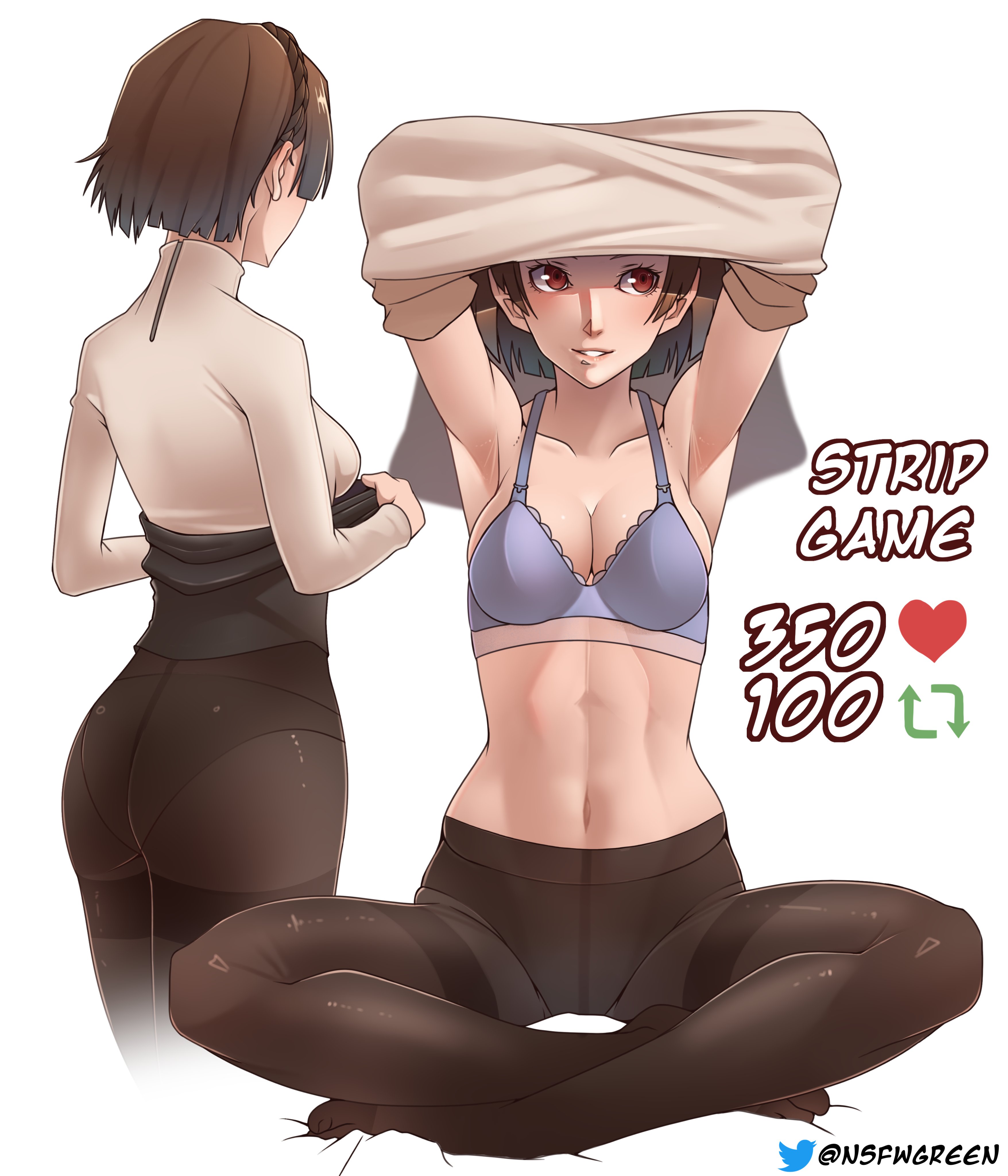 1girls, atlus, black panties, bra, brown hair, female, greencash, makoto niijima, megami tensei, nsfwgreen, panties, panties under pantyhose, pantyhose, persona, persona 5, purple bra, red eyes, shirt, short hair, skirt, smile, strip game, underwear, undressing