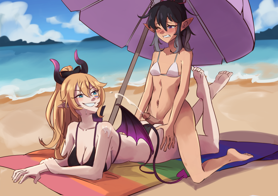 ass_grab averysai beach_sex bikini blue_eyes blush buttjob cum demon_girl demon_horns erinsilvyr femboy femboy_on_female indie_virtual_youtuber large_breasts pointy_ears purple_eyes sex virtual_youtuber