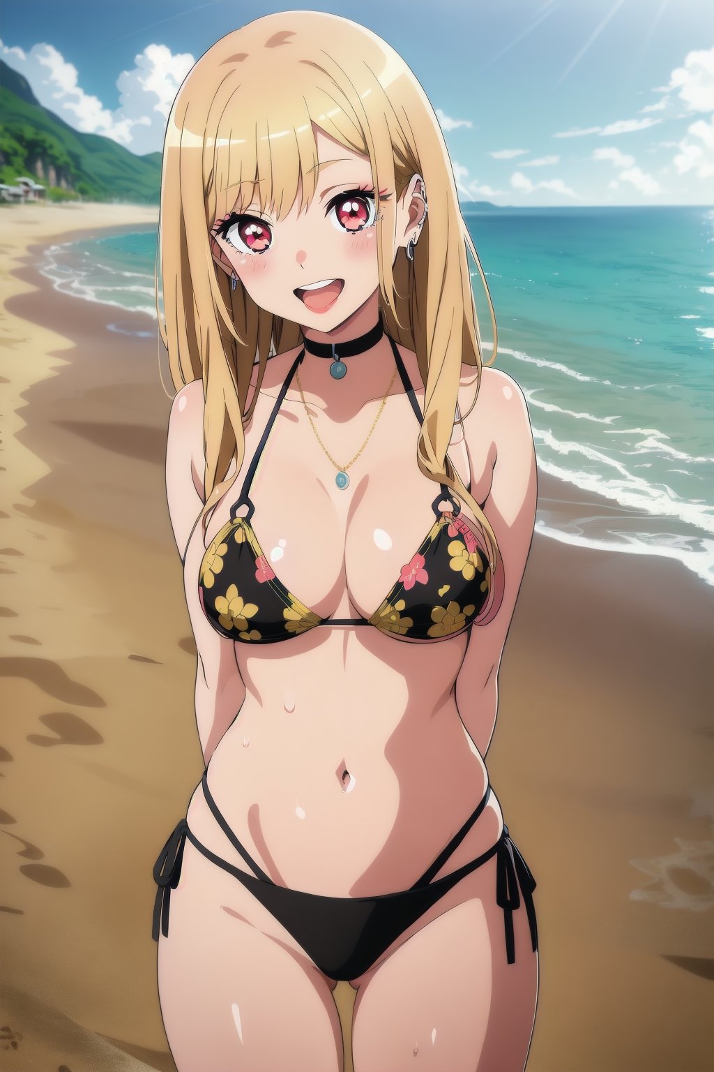 1girls, ai generated, beach, big breasts, bikini, black bikini, blonde hair, breasts, busty, cleavage, female, female only, kitagawa marin, large breasts, legs, navel, ocean, pink eyes, smile, solo, sono bisque doll wa koi wo suru, thighs, voluptuous, water