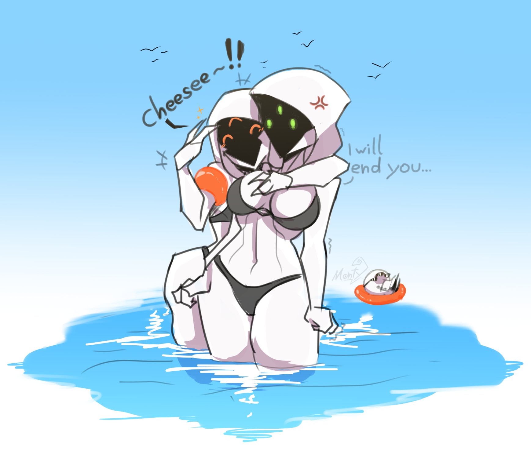 2d, 2girls, 3 eyes, alien, alien girl, alien humanoid, bikini, breasts, bungie, cleavage, curvy, curvy female, destiny (game), destiny 2, detailed background, female, female focus, female only, green eyes, guardian (destiny), hive (destiny), hive guardian, hunter (destiny), large breasts, monty nsfw, multi eye, multiple females, multiple girls, orange eyes, text, water