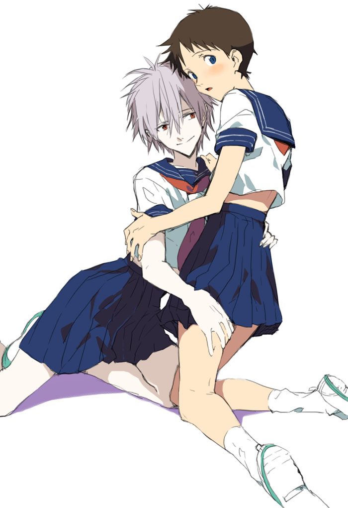 2boys blush crossdressing embrace femboy gay girly hand_on_thigh hosaka_dx hugging kaworu_nagisa male male/male male_only neon_genesis_evangelion on_knees pale_skin pencil_skirt pleated_skirt school_uniform shinji_ikari short_skirt uniform yaoi