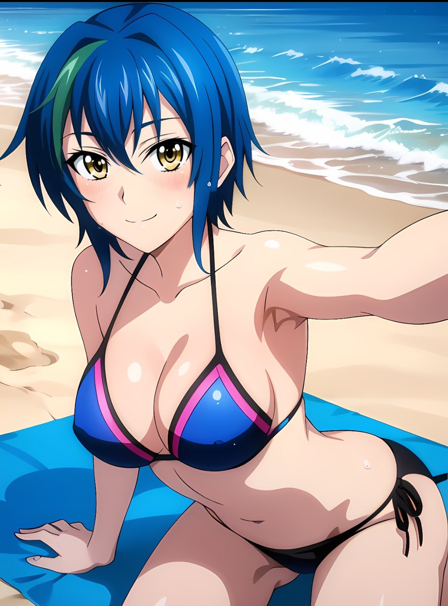 1girls, ai generated, arm support, beach, big breasts, bikini, blue hair, breasts, busty, cleavage, female, female only, high school dxd, large breasts, legs, looking at viewer, navel, ocean, short hair, smile, solo, thighs, voluptuous, water, xenovia quarta, yellow eyes