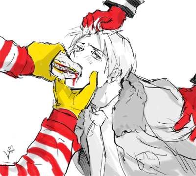 3boys america_(hetalia) axis_powers_hetalia black_and_white dubcon dubious_consent forced forced_feeding gay grabbing grabbing_hair hamburger hand_in_hair holding_hair imminent_rape imminent_sex mcdonald's no_visible_genitalia ronald_mcdonald vuri yaoi