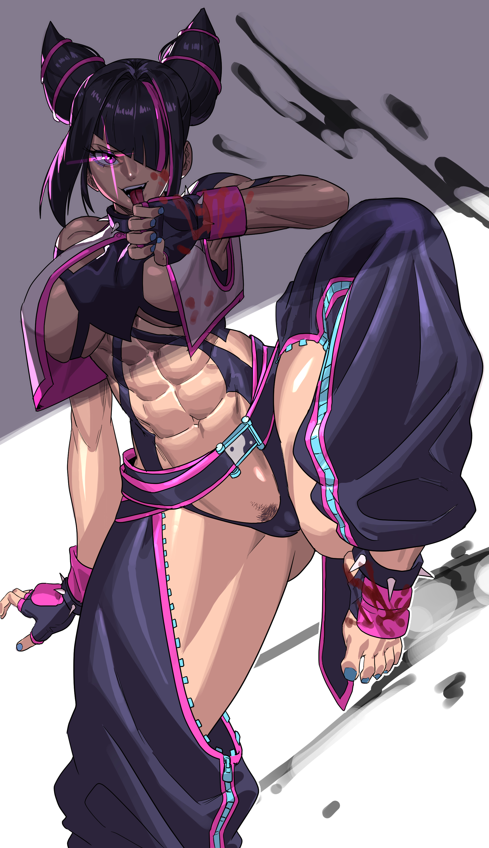 1girls, abs, big breasts, blood, blue toenails, bracelet, bracelets, breasts, busty, capcom, choker, collar, crazy, crazy eyes, crazy female, crazy smile, eight pack, female, female only, female pubic hair, fit, fit female, gamjasssak, huge breasts, juri han, korean, korean female, large breasts, light skin, light-skinned female, muscular, muscular female, pubic hair, pubic hair peek, punk, punk girl, punk hair, revealing clothes, spiked bracelet, spiked choker, spiked collar, spiked leg bracelet, street fighter, street fighter 6, toes, toned, toned female, tongue, tongue out