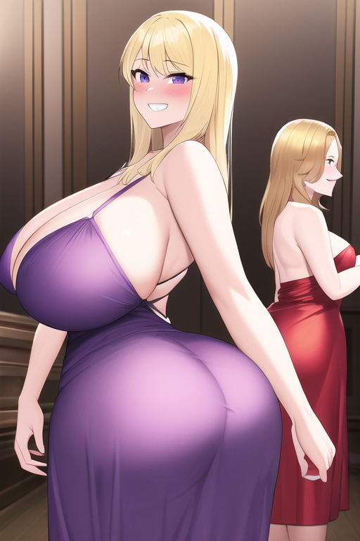 2girls ai_generated blonde_hair dress dress_inside_ass gown huge_ass oc party pawg purple_eyes