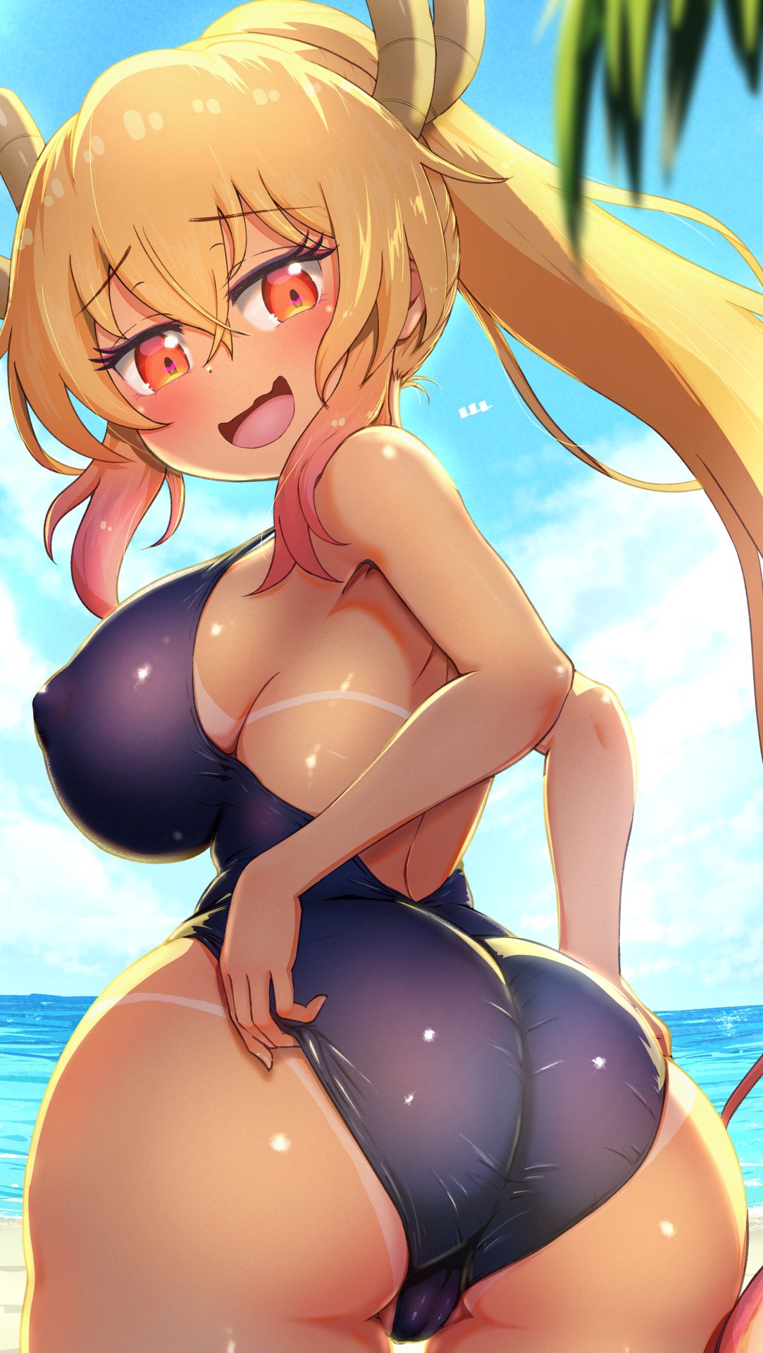 1girls ass back_view beach big_ass big_breasts blonde_hair blush breasts cameltoe dragon_girl dragon_horns erect_nipples female large_breasts long_hair miss_kobayashi's_dragon_maid nipple_bulge open_mouth orange_eyes ozrereresan rear_view sideboob smile solo swimsuit tan_body tan_skin tohru_(dragon_maid)