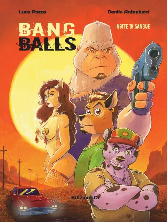 anthro ape breasts car clothing convenient_censorship cover_art crossed_arms facial_hair female frown furryrevolution goatee gorilla group gun hair haplorhine hat headgear headwear long_hair looking_at_viewer male mammal primate ranged_weapon shirt sunset topwear vehicle weapon