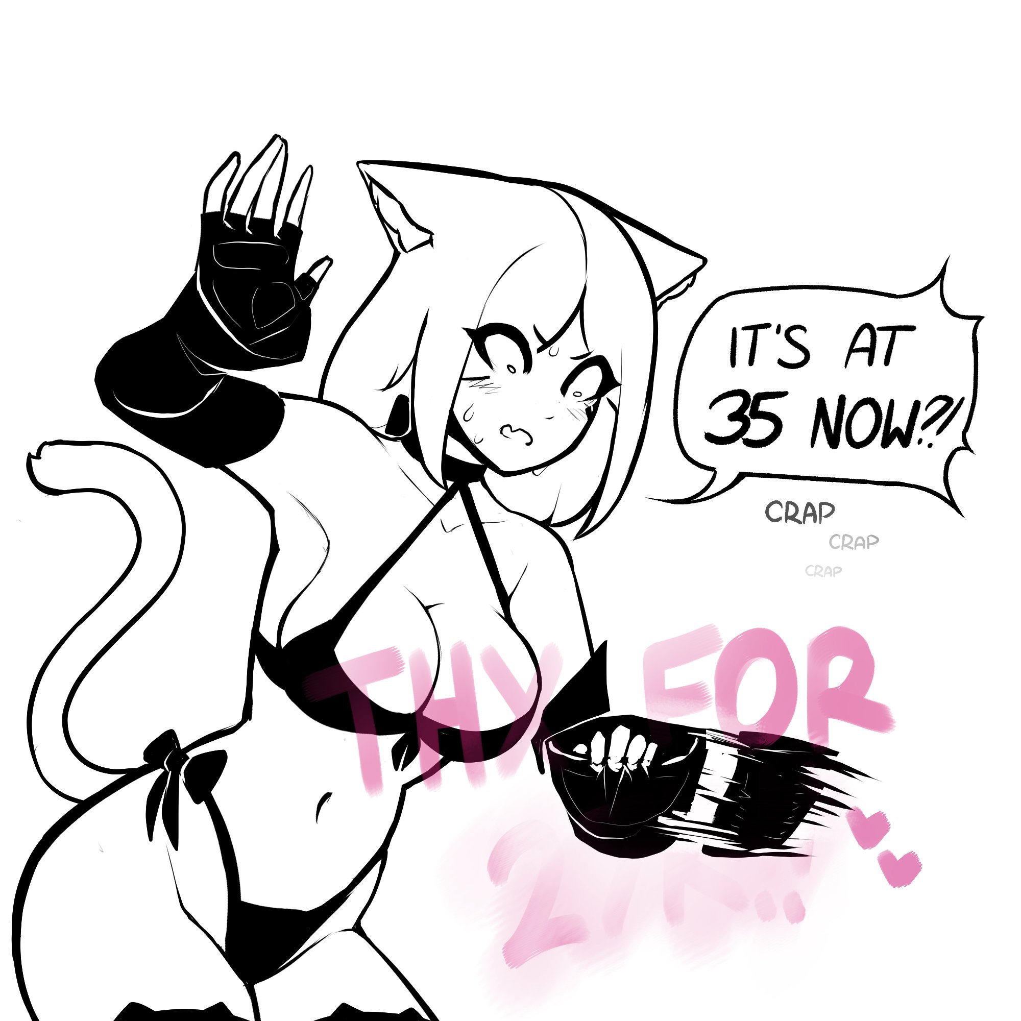 1girls, 2023, animal ears, bikini, black bikini, blush, bow, breasts, cat ears, cat girl, cat tail, catgirl, cleavage, english text, female, fingerless gloves, follower celebration, gloves, milestone celebration, navel, original, surprised, sweat, tagme, tail, tekona, text, thighhighs, thighs