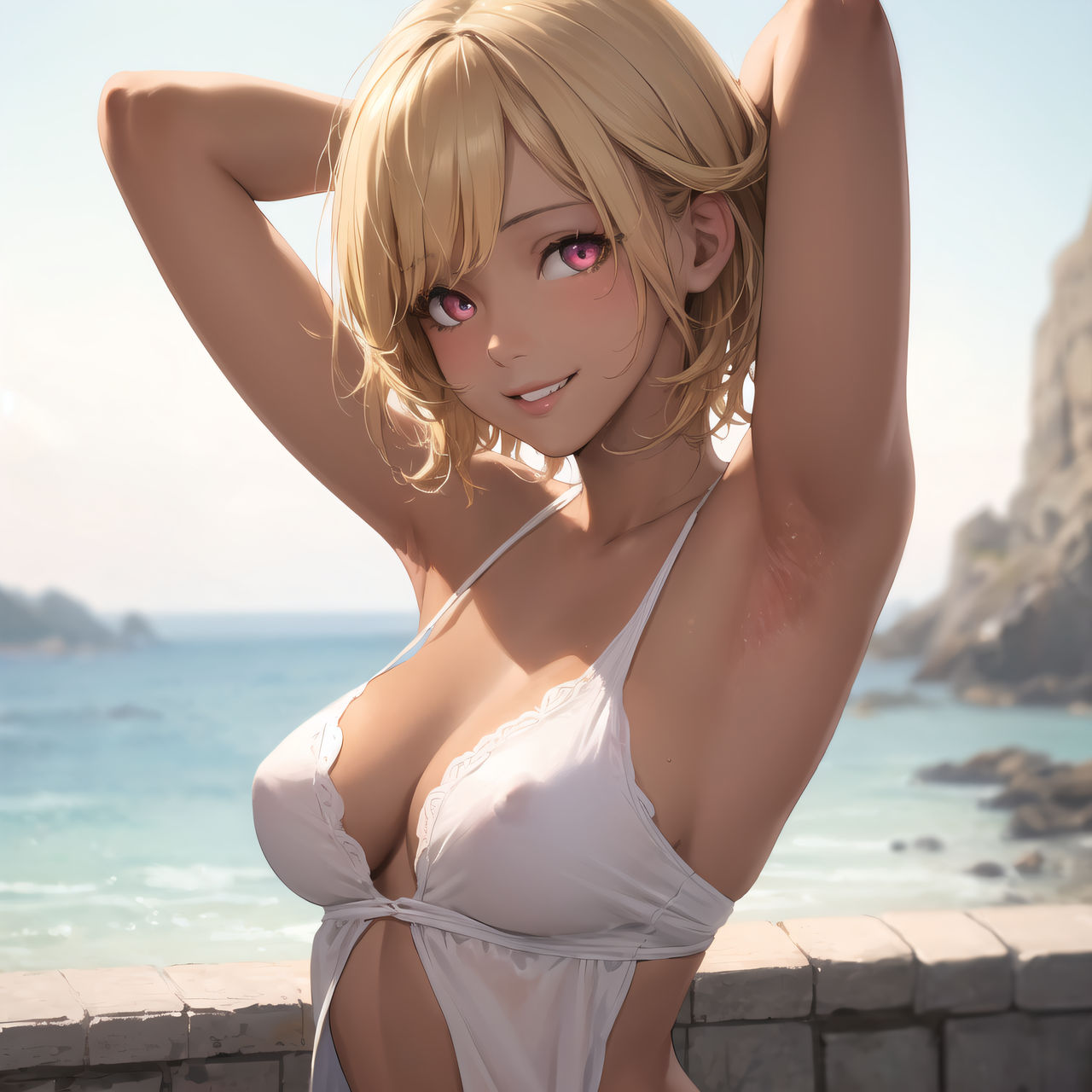 1girls ai_generated armpits arms_behind_head big_breasts blonde_hair busty cleavage jordan53 large_breasts looking_at_viewer one-piece_swimsuit original pink_eyes pose posing sensual sexy_armpits short_hair smile solo swimsuit