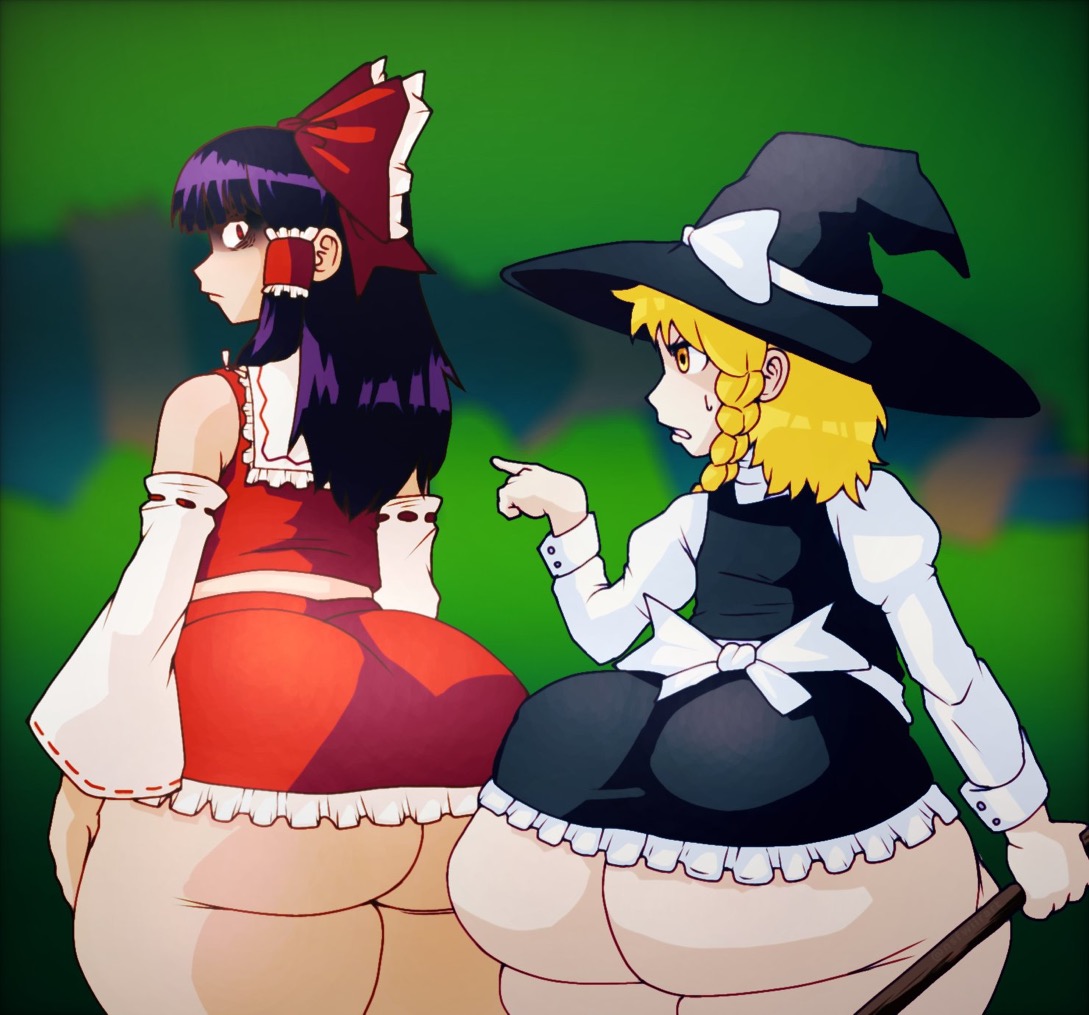2girls, angry, angry face, ass, ass bigger than head, ass focus, behind view, big ass, big butt, bottom heavy, bow, bubble ass, bubble butt, clothing, curvy, curvy female, curvy figure, curvy hips, female, female only, glaring, huge ass, huge butt, light skin, light-skinned female, marisa kirisame, microskirt, mostly clothed, reimu hakurei, skirt, team shanghai alice, thick, thick ass, touhou, wiirart