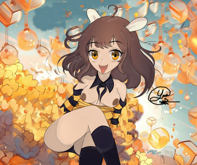 bee bee_costume bee_girl breasts brown_hair detached_sleeves kawaii tits_out yellow_eyes