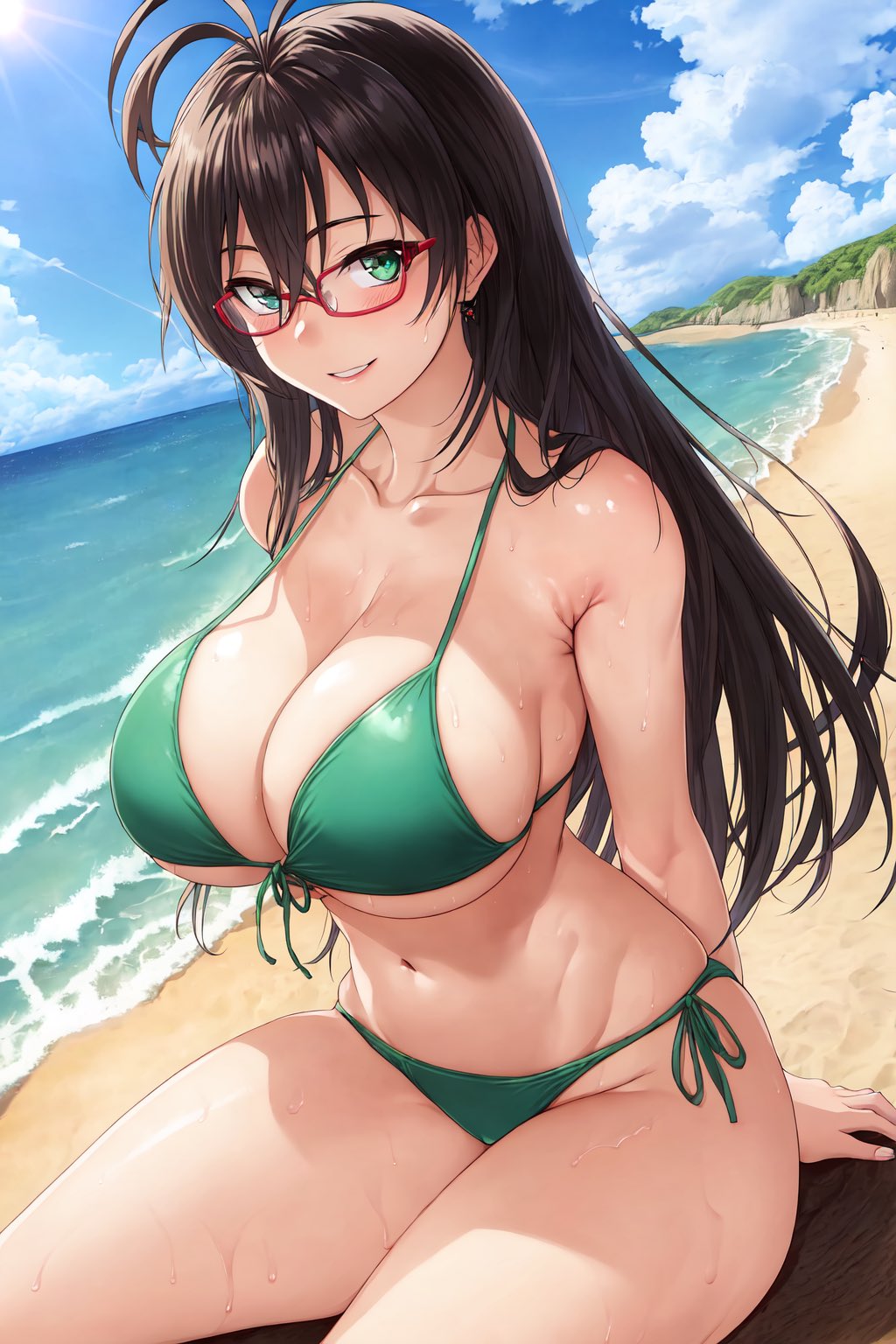 1girls, ai generated, beach, big breasts, bikini, black hair, breasts, busty, cleavage, female, glasses, green bikini, green eyes, hasegawa chisato, large breasts, legs, long hair, looking at viewer, mature, mature female, navel, ocean, shinmai maou no testament, sitting, smile, thighs, water