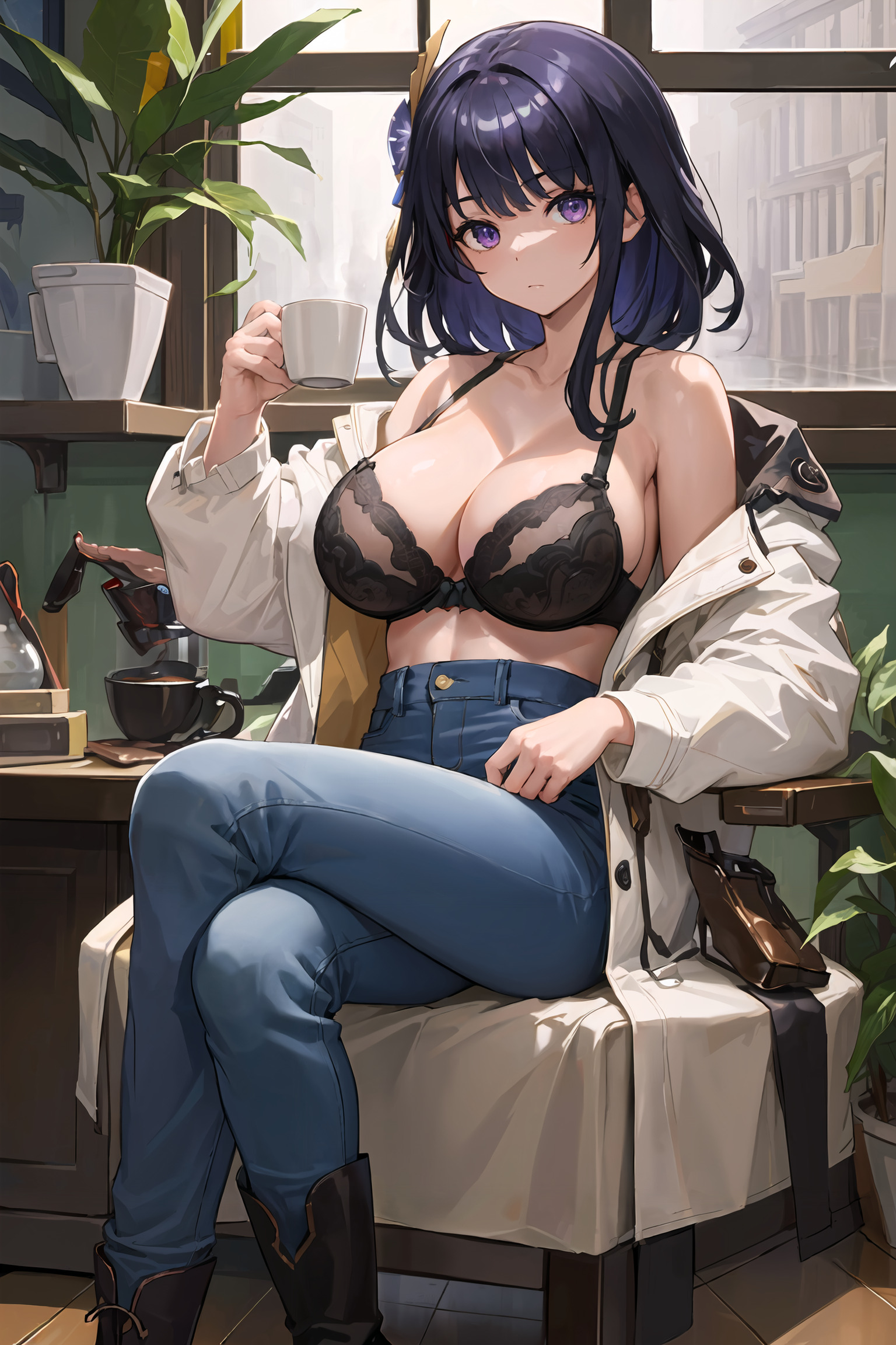 1girls, ai generated, breasts, curvaceous, curvy body, curvy figure, female, female focus, female only, genshin impact, highres, huge breasts, raiden shogun, stable diffusion, voluptuous, voluptuous female