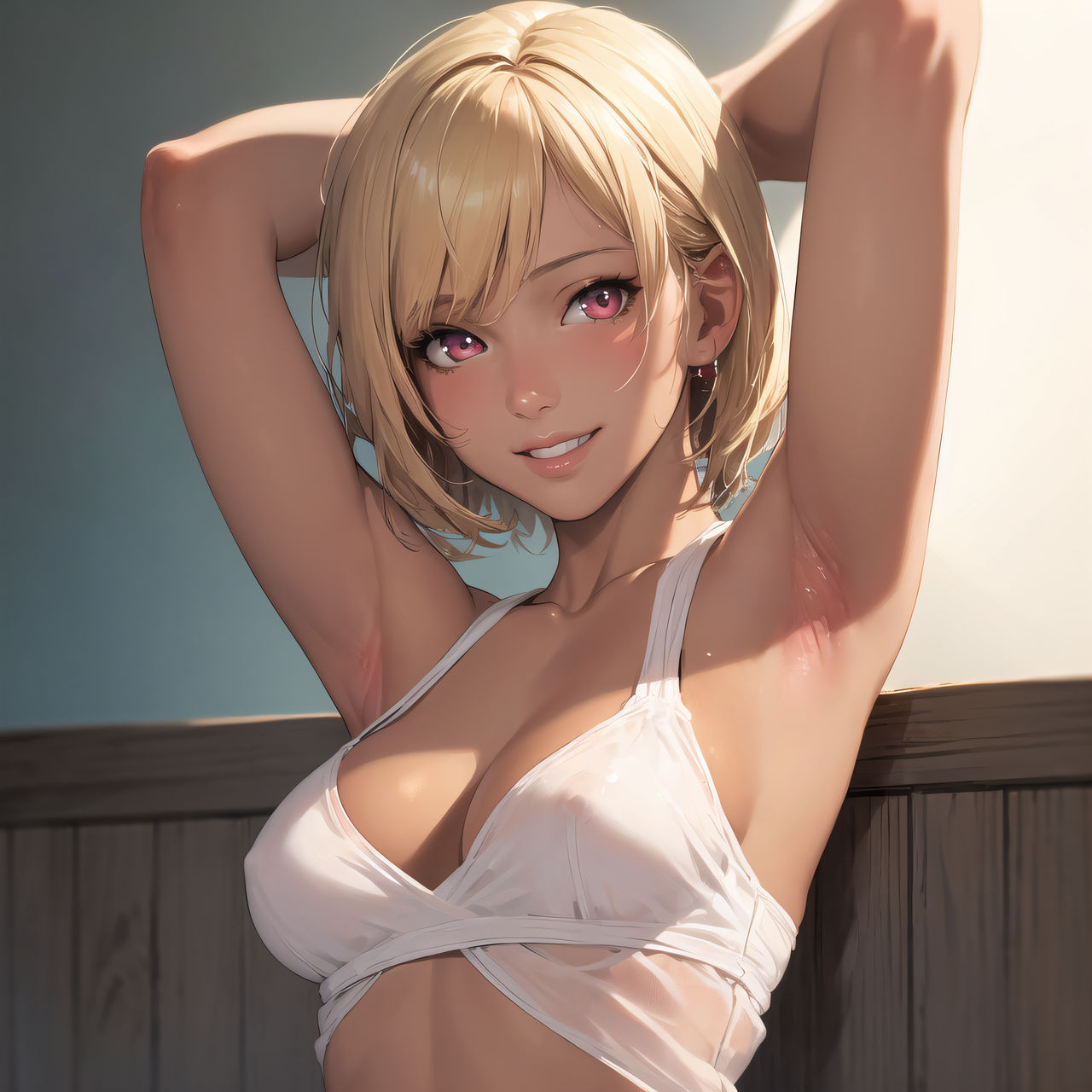 1girls ai_generated armpits arms_behind_head big_breasts blonde_hair busty cleavage jordan53 large_breasts looking_at_viewer original pink_eyes pose posing sensual sexy_armpits short_hair smile solo