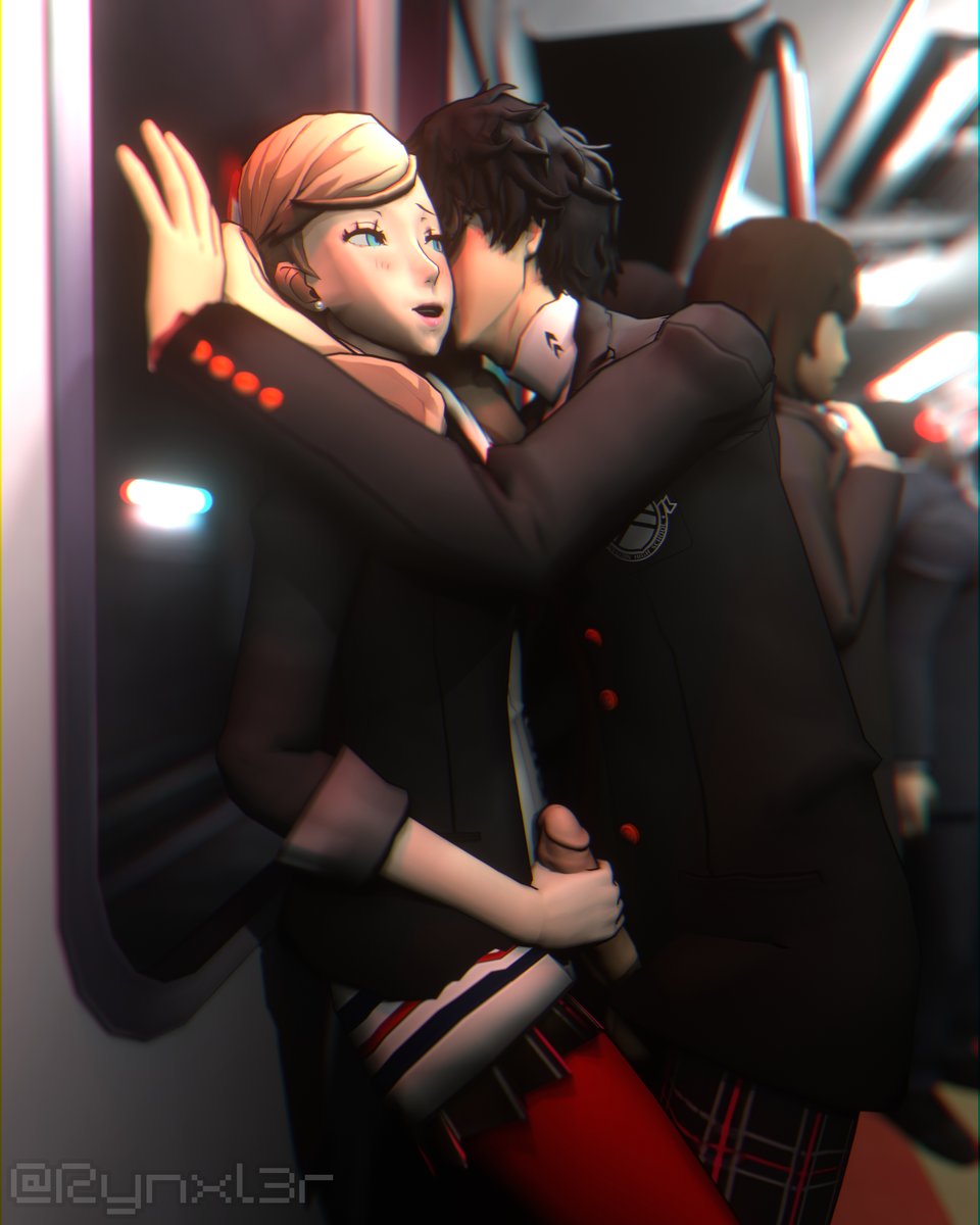 3d ann_takamaki atlus blonde_female blonde_hair blush clothed clothing hand_on_penis persona persona_5 persona_5_royal public public_sex ren_amamiya rynxler skirt train train_interior underground window