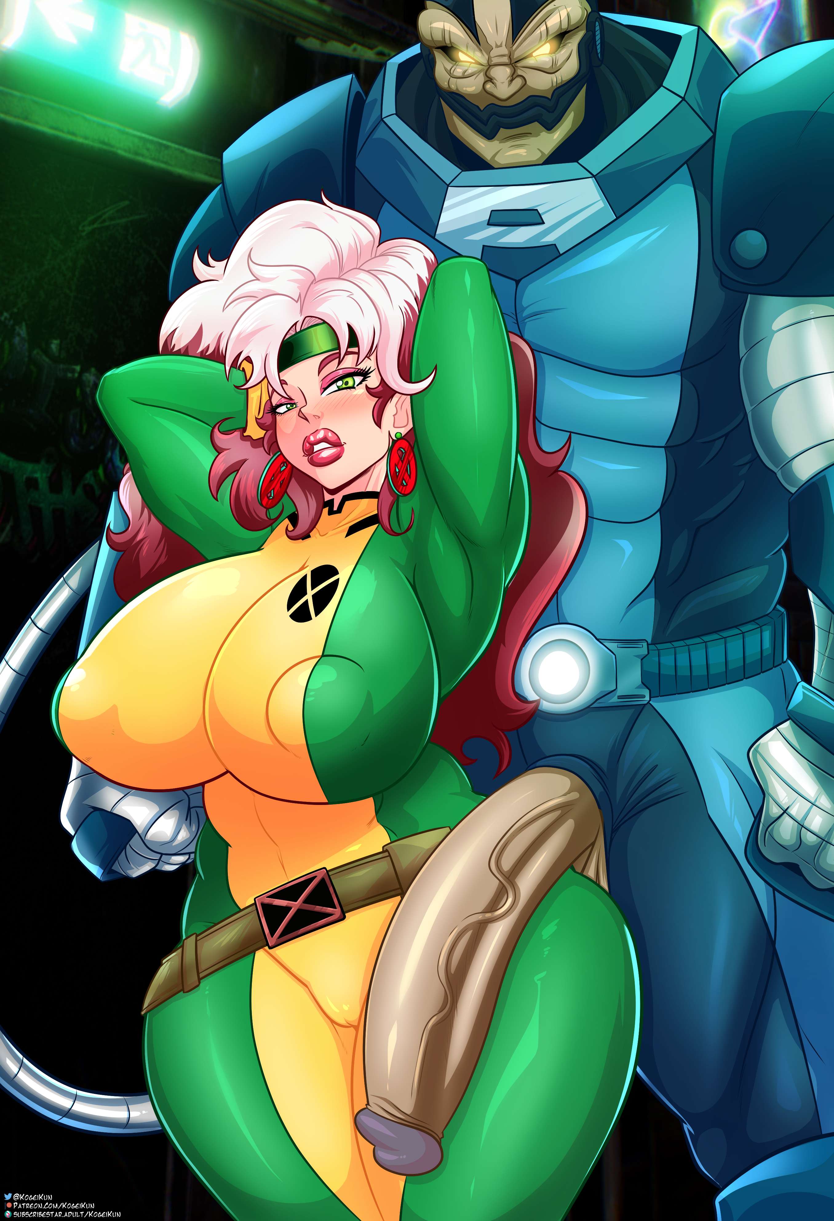 1boy, 1girls, 2d, 2d (artwork), alien, angry face, anna marie, apocalypse (x-men), armpits, arms up, ass, big ass, big breasts, big butt, big cock, big penis, big tits, bimbo, bimbo lips, bimbofied, breasts, brown hair, cameltoe, curvaceous, curvy, earrings, en sabah nur, erect nipples, erect nipples under clothes, female, fully clothed, green eyes, hands behind head, headband, heroine, huge cock, imminent rape, imminent sex, interspecies, kogeikun, light skin, light-skinned female, looking at viewer, male, marvel, marvel comics, monster, monster cock, muscular, nipples, penis, penis on thigh, penis out, pussy, red lipstick, rogue (x-men), superheroine, tagme, thick ass, thick thighs, tight clothing, tits, veiny penis, white streak, x-men, x-men: the animated series