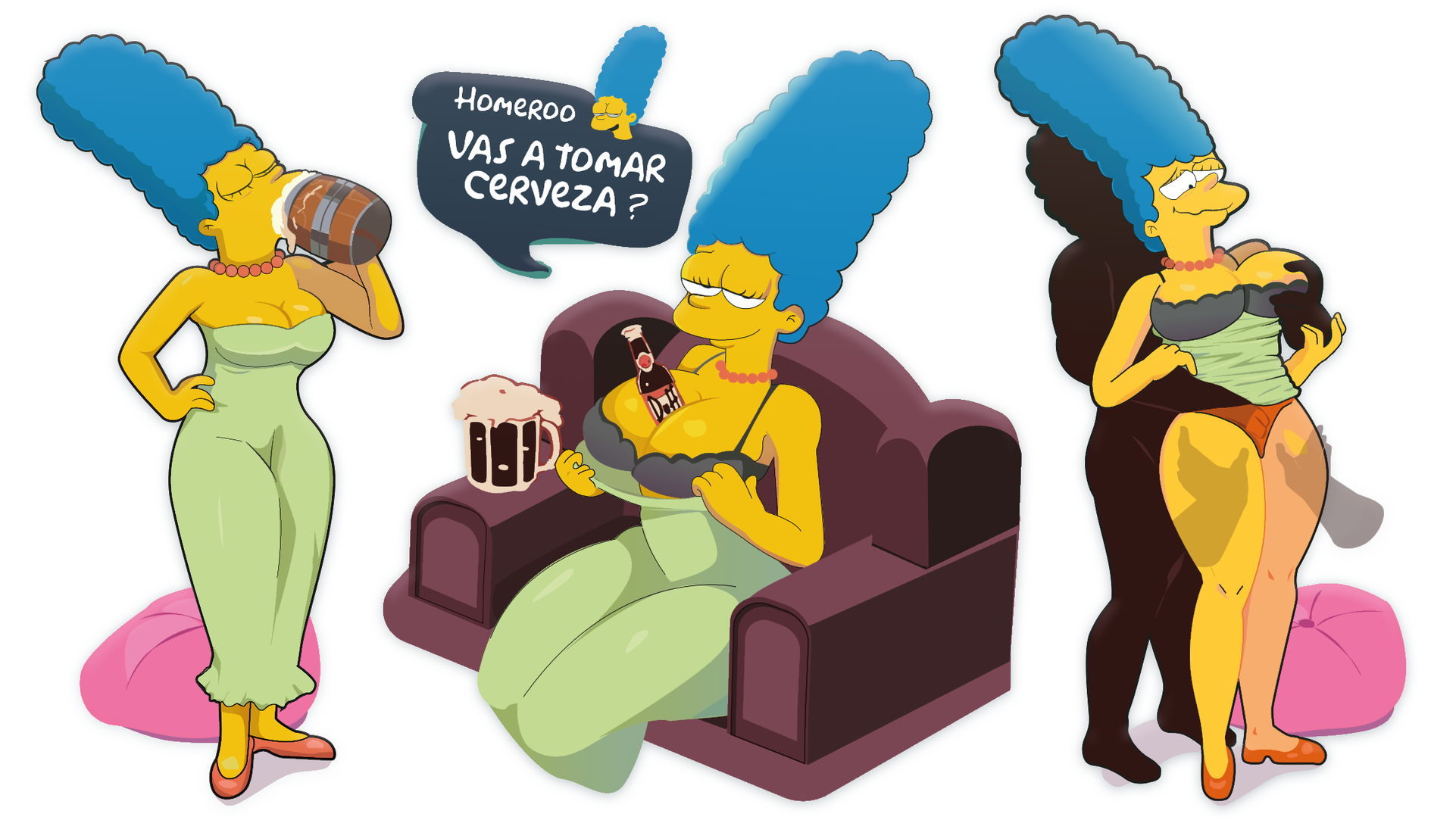 1girls, beer, beer bottle, beer mug, big breasts, blue hair, bra, breasts, cleavage, eyebrows, eyelashes, female, gosgoz, grabbing breasts, grabbing from behind, groping, large breasts, male, marge simpson, milf, multiple boys, multiple males, panties, pearl necklace, spanish text, speech bubble, text, text bubble, the simpsons, thick thighs, thighs, white background, wide hips, yellow body, yellow skin