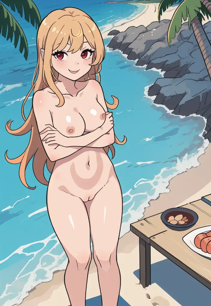 1girls ai_generated arms_crossed beach coast dressing_up female_only food innie_pussy kitagawa_marin nude palm_tree rock sono_bisque_doll_wa_koi_wo_suru