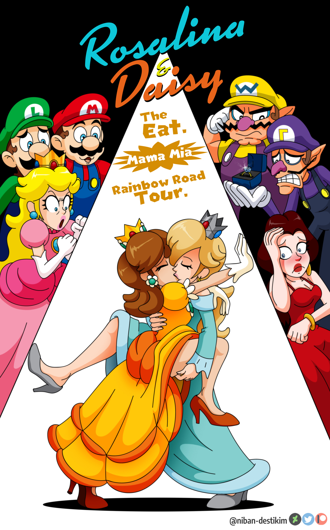 4boys, 4girls, destikim, duo focus, english text, female, kissing, lesbian, luigi, male, mario, mario (series), multiple boys, multiple females, multiple girls, multiple males, pauline, princess daisy, princess peach, princess rosalina, reference work, shocked expression, text, waluigi, wario, yuri