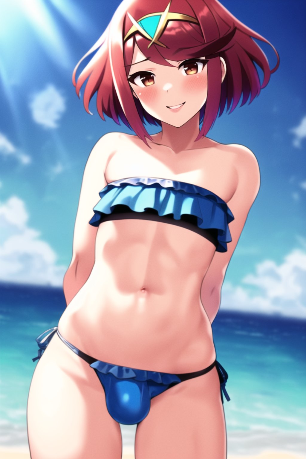 ai_generated androgynous beach bikini blush bulge chest_jewel core_crystal crossdressing femboy feminine_male frilled_bikini frills genderswap_(ftm) girly hair_ornament looking_down male_only nervous_smile otoko_no_ko pyra robofun rule_63 sissy smile solo stable_diffusion tiara trap twink xenoblade_(series) xenoblade_chronicles_2