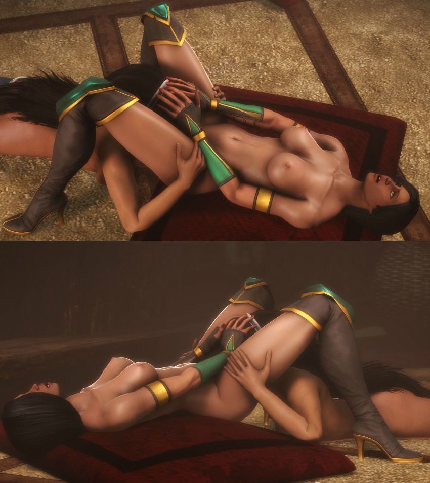 2girls 3d black_hair breasts completely_nude cunnilingus english_commentary gloves green_armband green_footwear hands_on_another's_head jade_(mk9) jade_(mortal_kombat) kitana kitana_(mk9) long_hair medium_breasts moaning mortal_kombat mortal_kombat_(2011) multiple_girls nipples non-web_source nude oral self-upload yuri