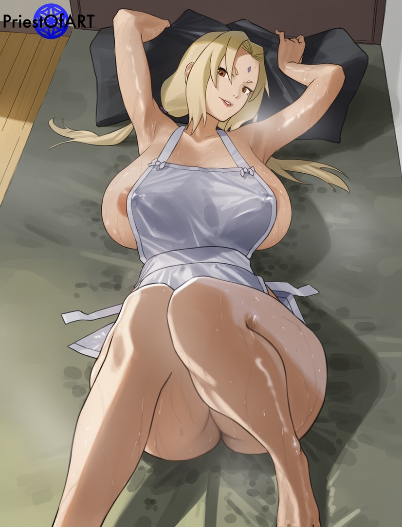 1girls, ai generated, apron only, armpits, big breasts, boruto: naruto next generations, busty, female, from above, indoors, knees up, lying on back, milf, naruto (series), priestofart, shiny, smile, solo female, sweat, thick thighs, tsunade, watermark