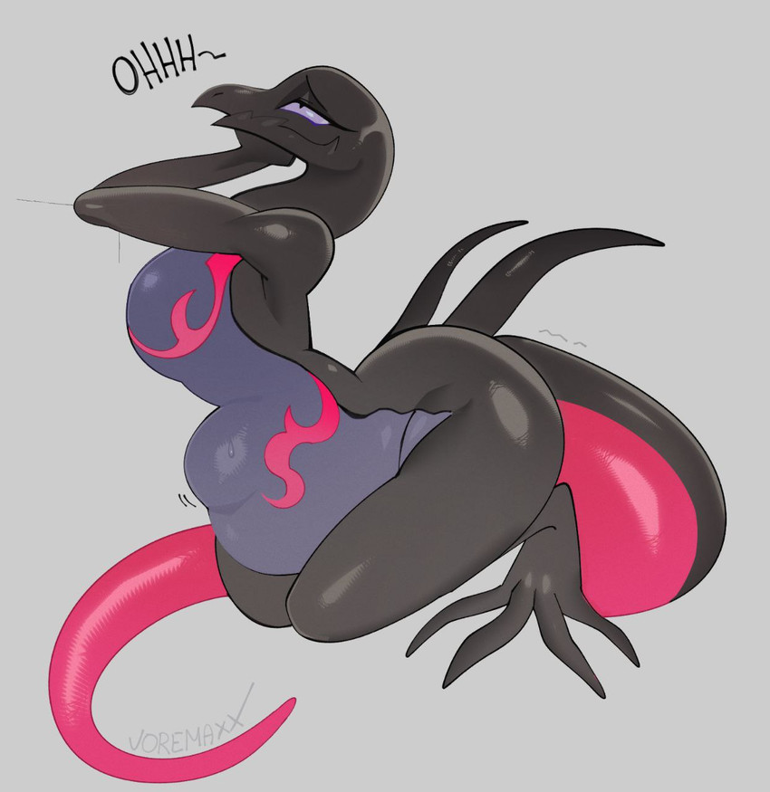 2026, abdominal bulge, anthro, black body, breasts, countershade torso, countershading, female, female anthro, female pred, generation 7 pokemon, grey background, hi res, looking pleasured, motion lines, nintendo, pokemon, pokemon (species), purple eyes, salazzle, scalie, simple background, solo, tail, vore, voremaxx