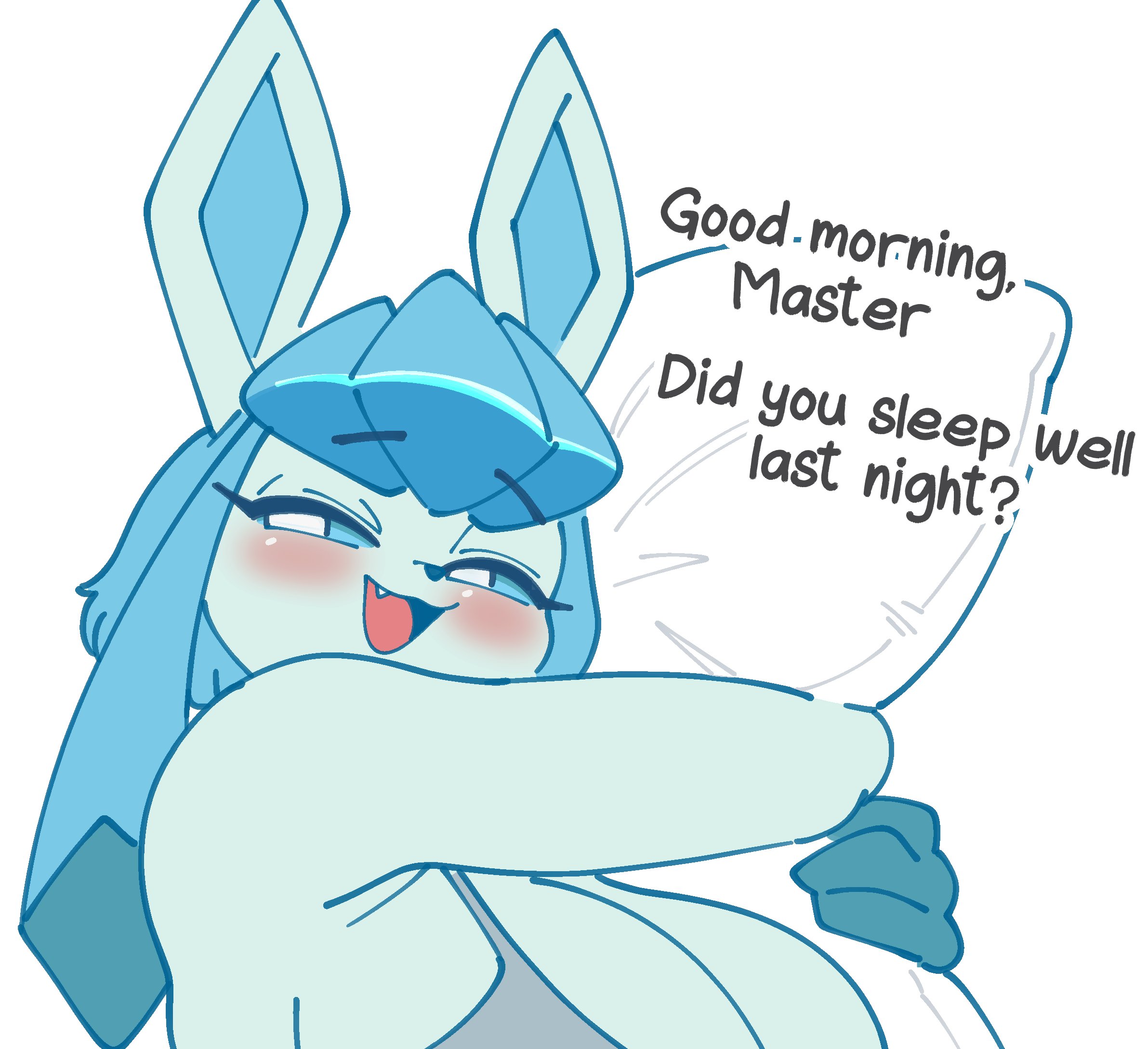 1girl, 1girls, 2026, 2d (artwork), anthro, anthro only, apron, apron only, bed, big boobs, big breasts, big eyes, blue body, blue fur, blue hair, blushing, blushing at viewer, blushing female, boobs, breasts, clothes, clothing, cute, dialogue, digital drawing (artwork), digital media (artwork), eeveelution, female, female only, female pokemon, game freak, generation 4 pokemon, glaceon, half-closed eyes, hi res, highres, ice type, looking at viewer, mochichi, nintendo, pillow, pillow grab, pillow hug, pokemon, pokemon (species), sexy, solo, solo female, text, wake up, white background