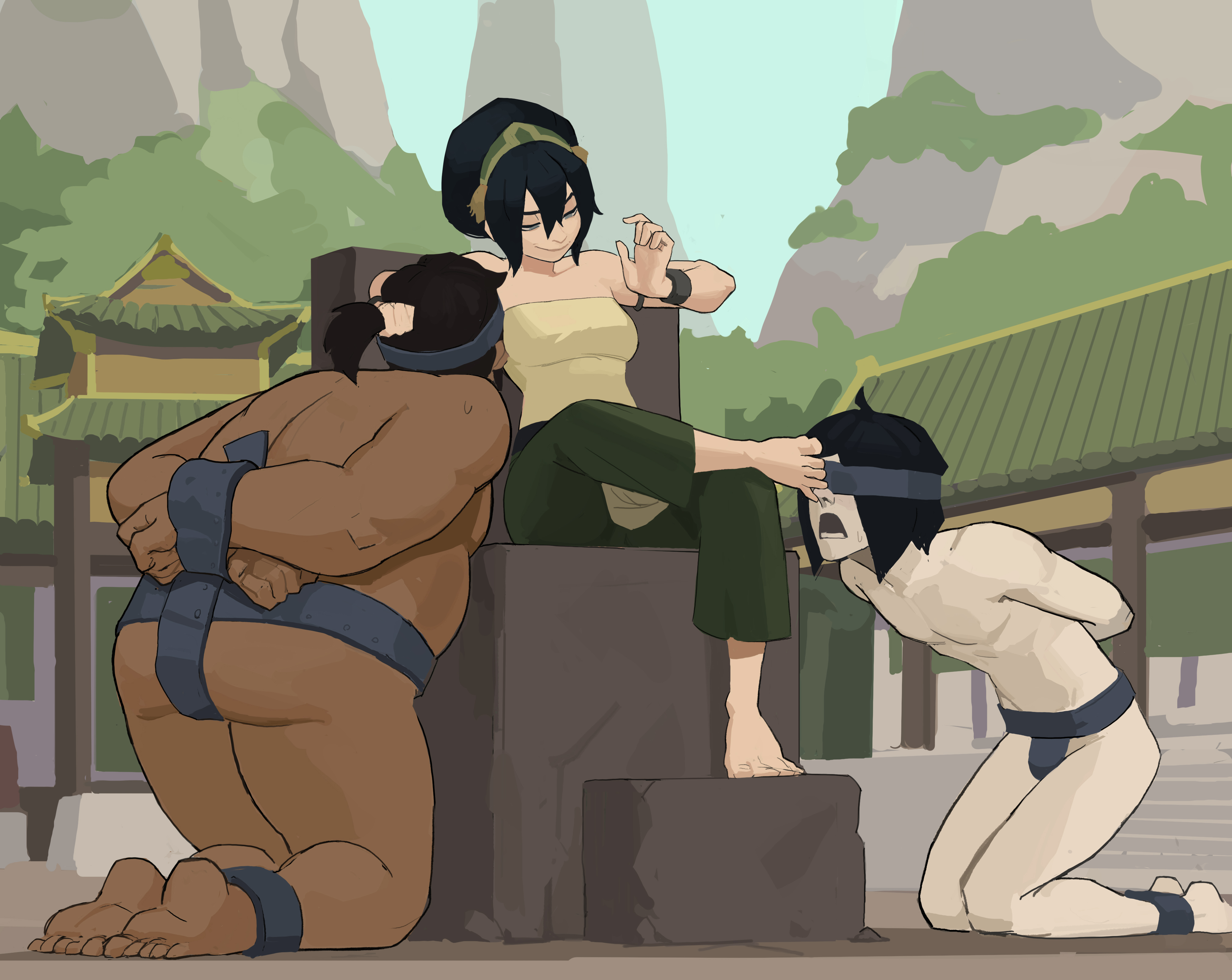 1girl, 2boys, 2boys1girl, amugea, armpit, armpit fetish, armpit licking, armpits, ass, avatar the last airbender, barefoot, black hair, blind, blindfold, blindfolded, bound, bound ankles, bound wrists, brown hair, capri pants, chubby, chubby male, clothed, clothed female, crossed legs, earthbender, feet, female, femdom, foot fetish, foot focus, foot on face, foot worship, forced foot licking, forced licking, functionally nude male, hair pull, hair pulling, humiliation, light bondage, male, nickelodeon, pants, ponytail, ponytail male, public, public exposure, punishment, sitting, skimpy, skimpy clothes, smug, soles, strapless top, student and teacher, tan body, tan skin, taught a lesson, the legend of aang, throne, tomboy, toph bei fong, tubetop, worship, worshiping