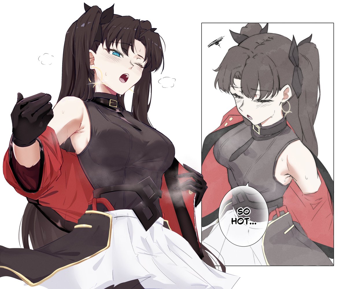 1girl, 1girls, amrpits, artist request, black gloves, black hair, blue eyes, comic, earrings, english text, fate (series), fate/stay night, fate/unlimited blade works, honkai (series), honkai: star rail, hoop earrings, hot, jacket, jewelry, medium breasts, necktie, one eye closed, questionable, simple background, skirt, solo, solo female, solo focus, steam, steamy breath, sweat, teeth, tohsaka rin, tohsaka rin (honkai: star rail), tongue, turtleneck, twintails, uncomfortable, undressing, white background, white shirt