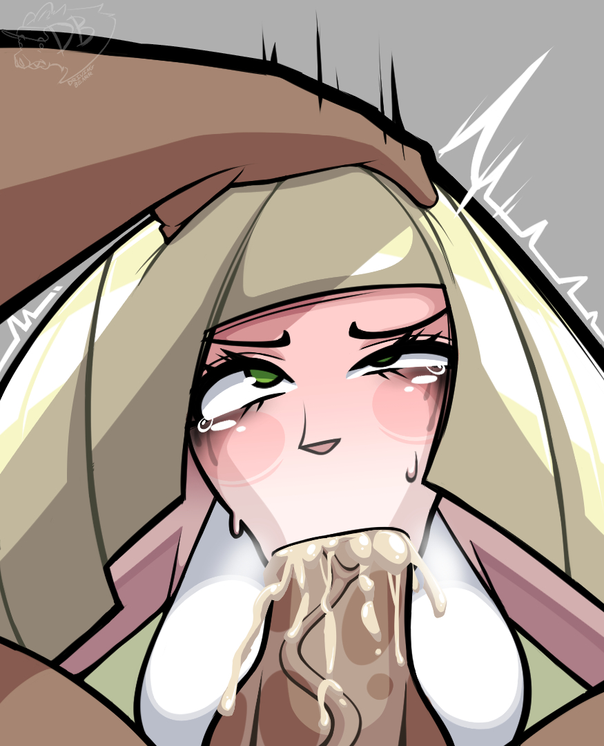 blonde hair, blush, clothed, cum, cum in mouth, deepthroat, drivingbearr, female, female focus, green eyes, lusamine (pokemon), male, penis, pokemon