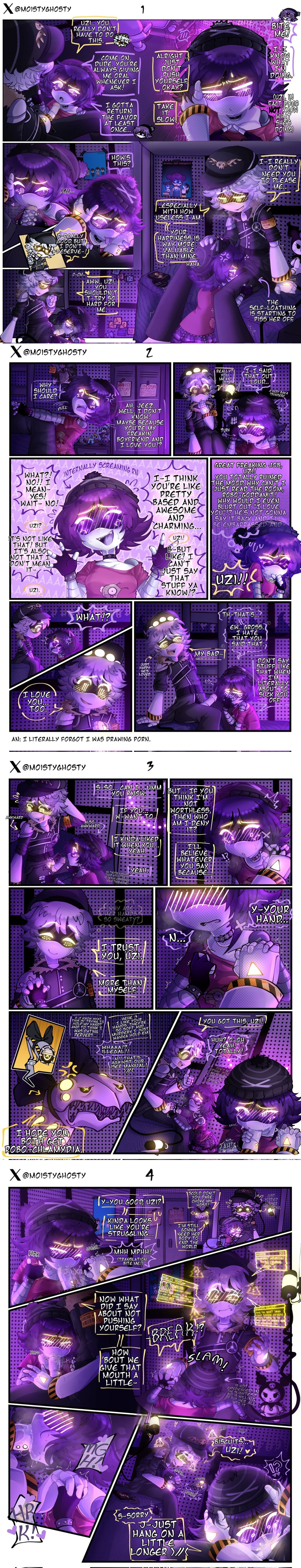 1boy, 1girls, 2d, blowjob, blowjob face, chibi, chibi style, comic, couple, cum, cum in mouth, cumshot, cyn tail (murder drones), deepthroat, dialogue, english text, erect penis, erection, fellatio, female, forced swallow, funny, glitch productions, holding hands, holding head, humanoid, humanoid female, humanoid male, inexperienced, lewd hand holding, male, moistyghosty, murder drones, n (murder drones), penis, pushing down, robot, robot boy, robot girl, robot humanoid, screen face, straight, swallowing cum, tagme, talking, talking to partner, text, uzi (murder drones)
