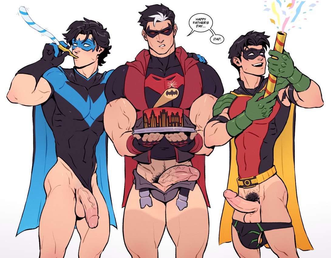 abs, balls, batcest, batman (series), big pecs, bottomless, bottomless male, circumcised, dc, dc comics, dick grayson, erect penis, erection, eromite, fathers day, flaccid, flaccid penis, gay, implied incest, incest, inseki, jason todd, male, male focus, male only, male pubic hair, mask, masked, masked male, muscular, muscular male, nightwing, no sex, open underwear, pecs, penis, pubes, pubic hair, red hood (dc), robin (dc), robin (tim drake), schizoid, tanline, tight clothing, tight fit, tim drake, underwear, underwear down, underwear tanline, vein, veiny penis, yaoi