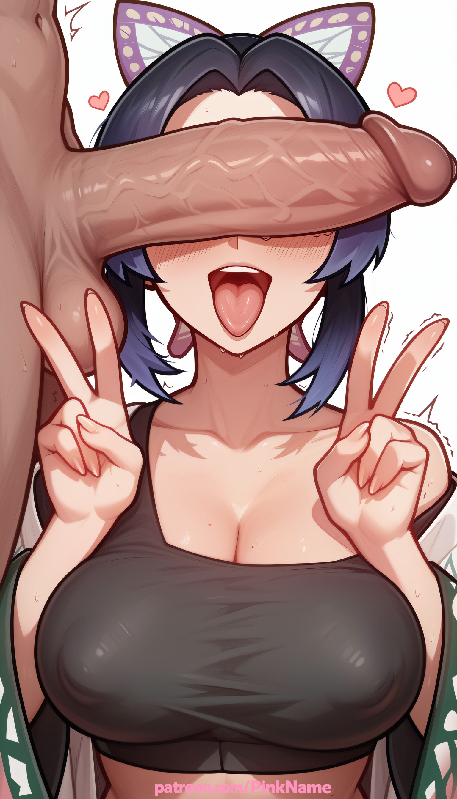 1boy, 1girl, 2026, ai generated, artist name, boobs, breasts, bust, cheek poking, chest, clothed female nude male, cock, demon slayer, dick, double v, erection, heart, hetero, hi res, high quality, highres, kimetsu no yaiba, kochou shinobu, large penis, mosaic censoring, patreon, patreon username, penis, penis awe, penis on face, pinkname, precum, solo focus, sweat, testicles, tits, tongue, tongue out, trembling, twitching penis, uncensored, v, veins, veiny penis, w, watermark