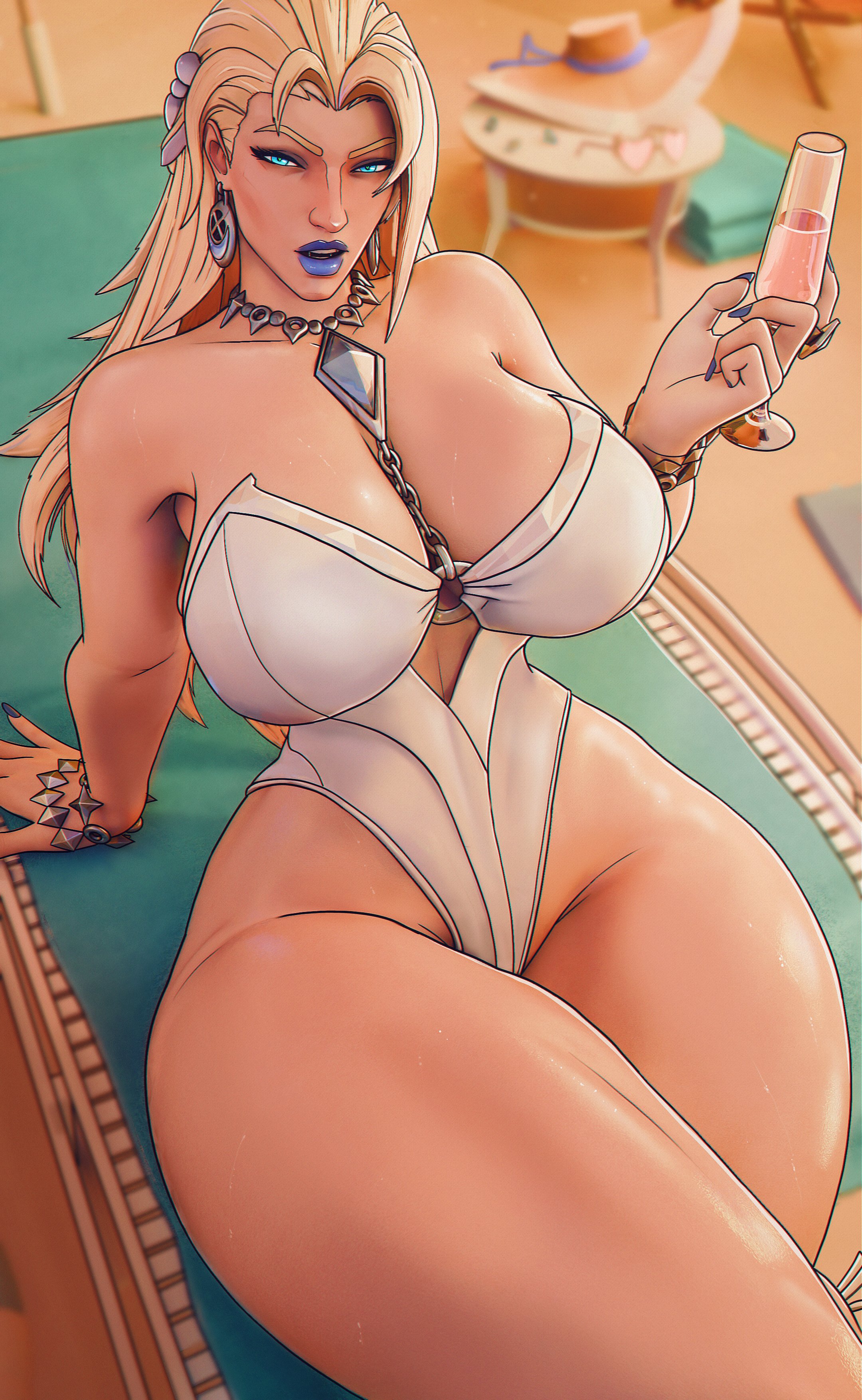 1girls, 3d, blonde hair, blue eyes, child bearing hips, emma frost, emma frost (marvel rivals), emma frost (white wave queen), female, female only, light skin, light-skinned female, long hair, marvel, marvel rivals, sfrinzy, solo, tagme, thick thighs