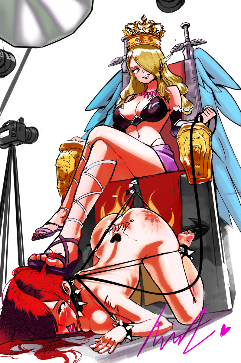 ass up, big breasts, bondage, brainwashing, clothed female nude female, defeated, erza scarlet, fairy tail, foot fetish, foot on head, heroine, heroine in trouble, hypnosis, kiria (fairy tail), kiriaart, leash, mind break, mind control, pathetic female, petplay, red hair, slave, throne, tongue out, triumph pose