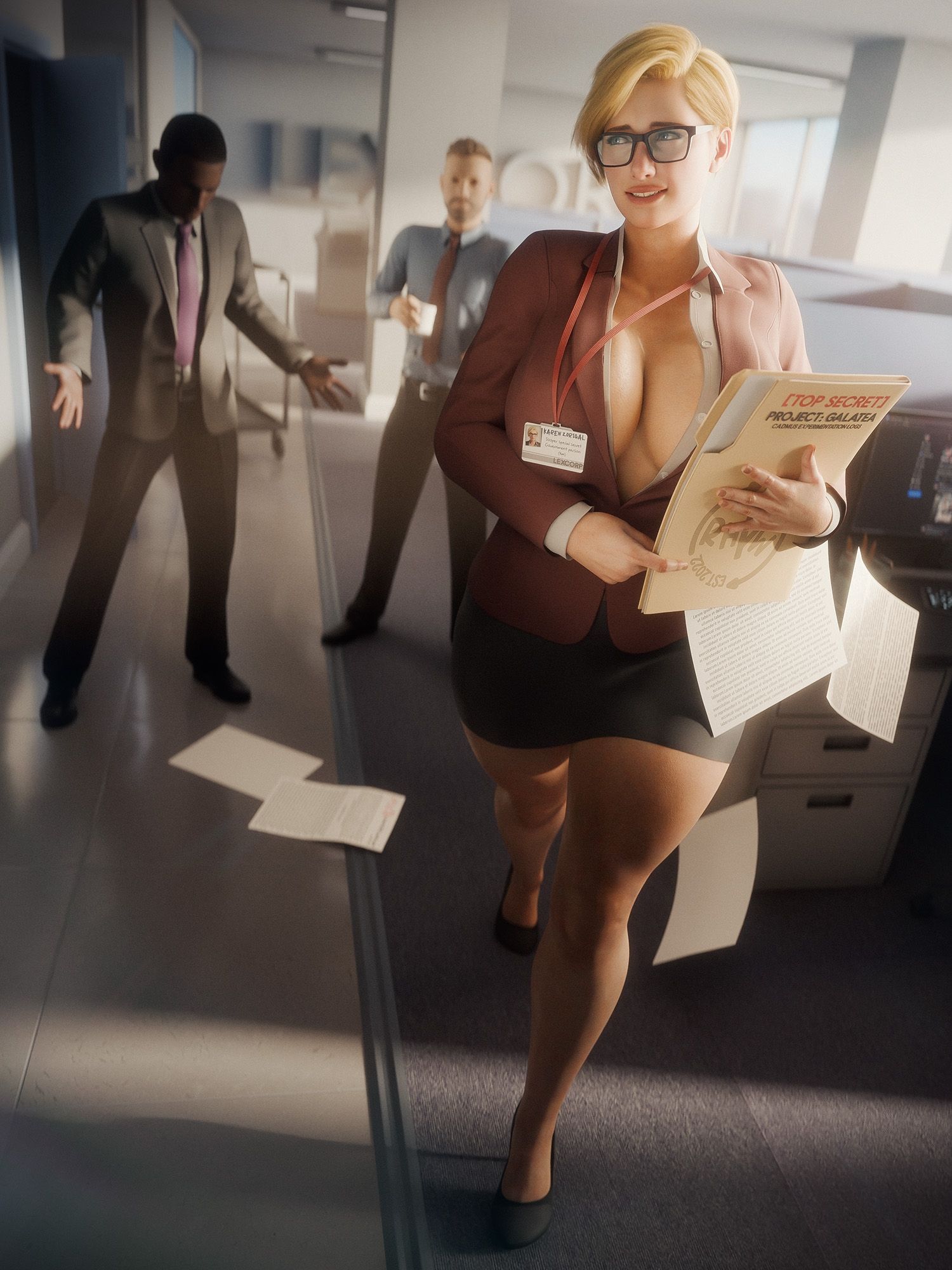 3d, big breasts, blonde hair, breasts, busty, cleavage, dc, dc comics, female, female focus, kara zor-l, karen starr, male, office, office lady, pinup, power girl, rhywlad, secret identity, superman (series), tagme