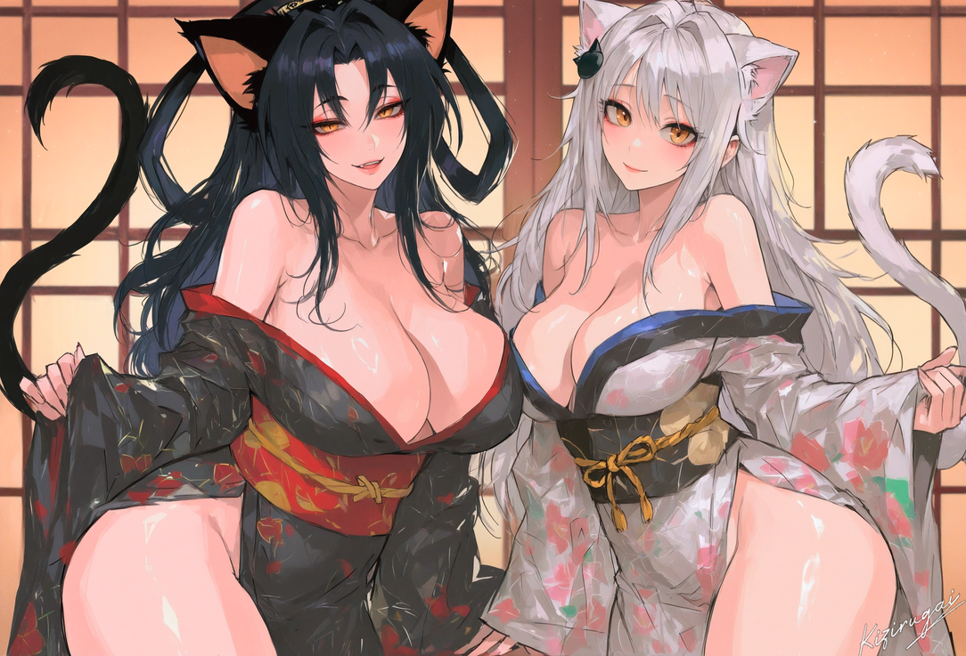 2girls, ai generated, alternate breast size, big breasts, breasts, duo, female, female only, high school dxd, huge breasts, kimono, kizirugai, koneko toujou, kuroka (high school dxd), large breasts, light-skinned female, multiple girls, neko, off shoulder, posing, sisters, tagme