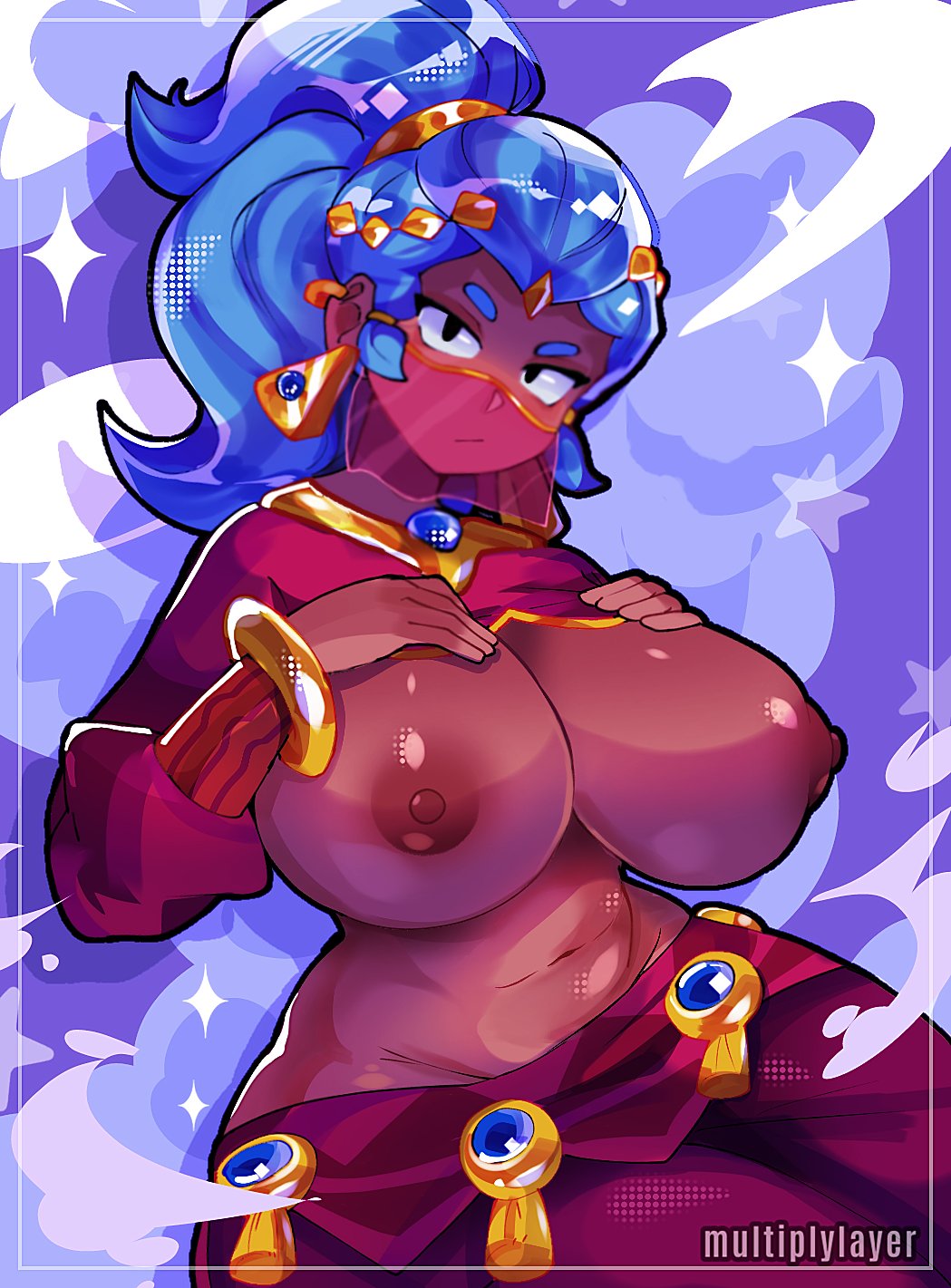 arabian clothes, blue hair, bracelet, brawl stars, dark-skinned female, earrings, exposed breasts, face veil, female only, gold bracelet, gold earrings, gold jewelry, hands on breasts, hands on own breasts, huge breasts, looking at viewer, multiplylayer, ponytail, shelly (brawl stars), shelly dancer (brawl stars), solo female, veil